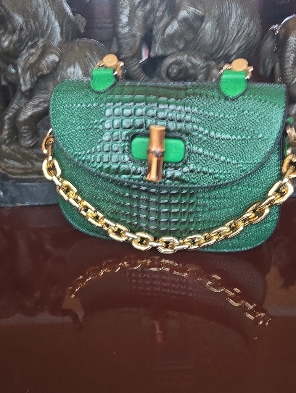 Green Croc-Embossed Bamboo-Lock Shoulder Bag